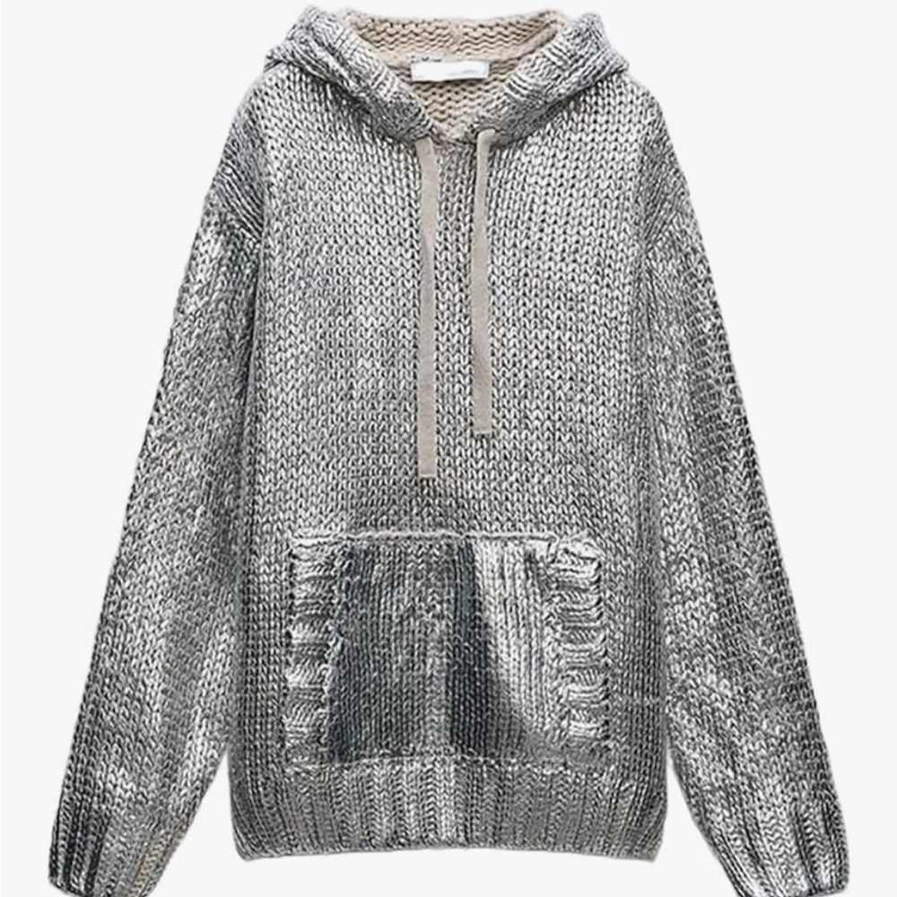 NWOT Metallic foil Shiny Coated Khaki knit sweater hoodie OS